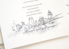 Load image into Gallery viewer, Cincinnati Skyline Wedding Invitations Package - Hand Drawn (Sold in Sets of 10 Invitations, RSVP Cards + Envelopes)
