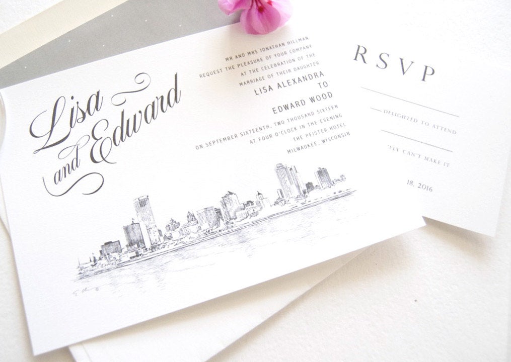 Milwaukee Skyline Wedding Invitation, Milwaukee Wedding, Invite, Invitations (Sold in Sets of 10 Invitations, RSVP Cards + Envelopes)