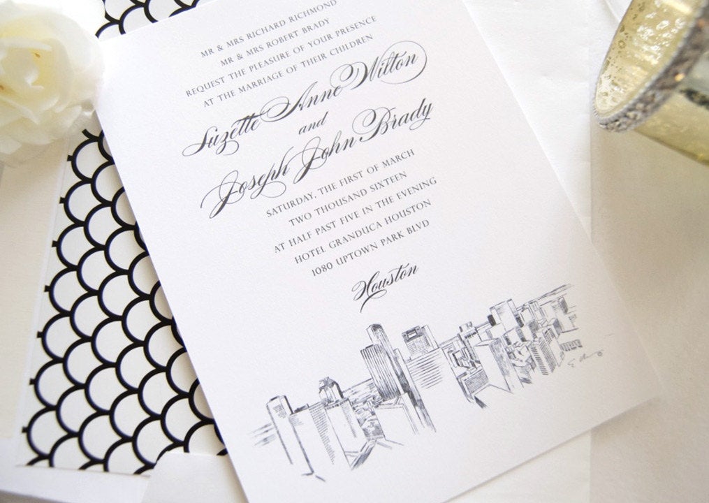 Houston Skyline Wedding Invitations Package (Sold in Sets of 10 Invitations, RSVP Cards + Envelopes)