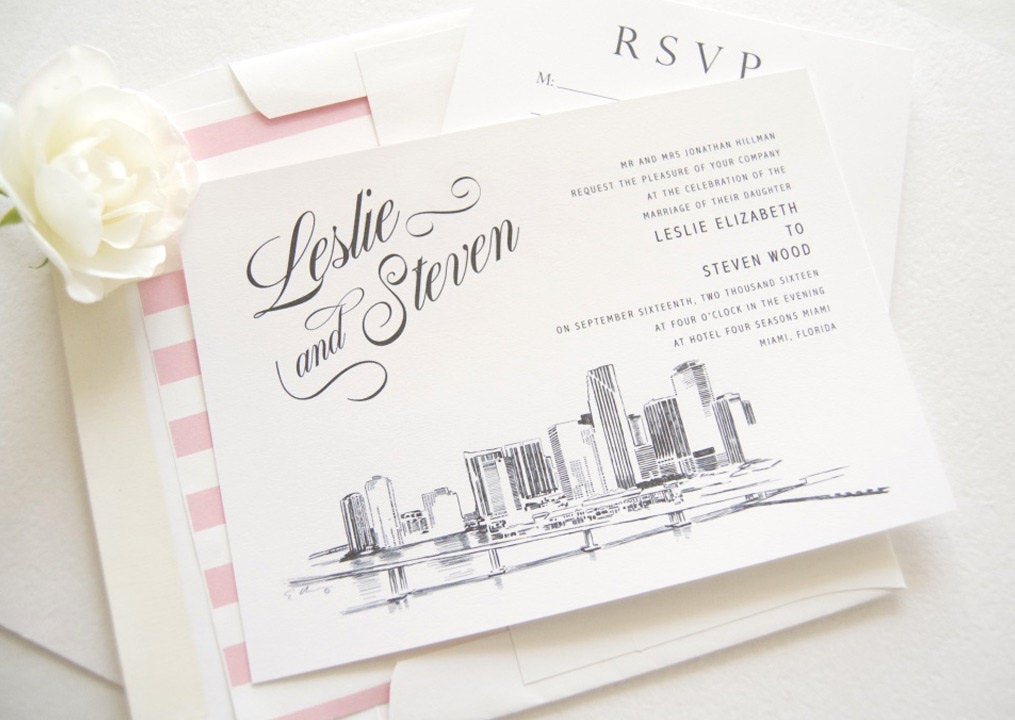 Miami Skyline Wedding Invitations Package (Sold in Sets of 10 Invitations, RSVP Cards + Envelopes)