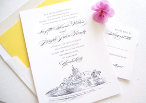 Kansas City Fountain Skyline Wedding Invitations Package (Sold in Sets of 10 Invitations, RSVP Cards + Envelopes)