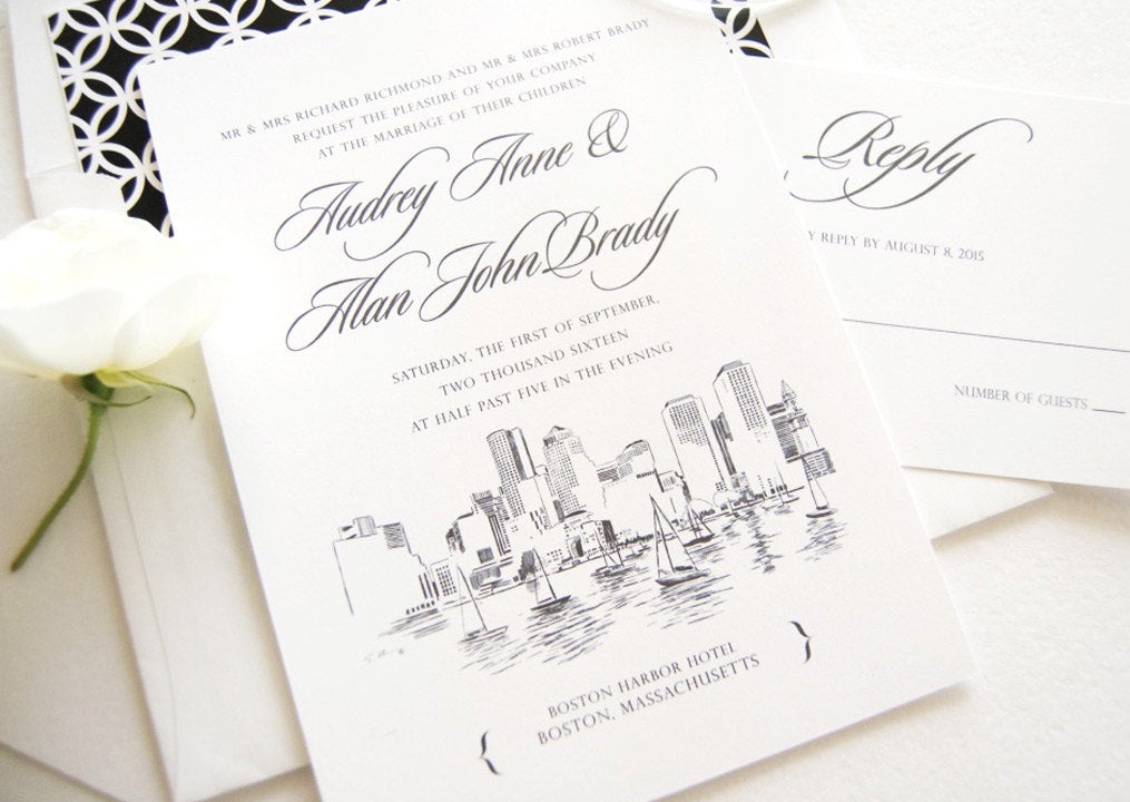 Boston Skyline Hand Drawn Wedding Invitation, Boston Wedding, Boston Harbor (Sold in Sets of 10 Invitations, RSVP Cards + Envelopes)