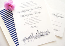Load image into Gallery viewer, Dallas Skyline Hand Drawn Wedding Invitation Package (Sold in Sets of 10 Invitations, RSVP Cards + Envelopes)
