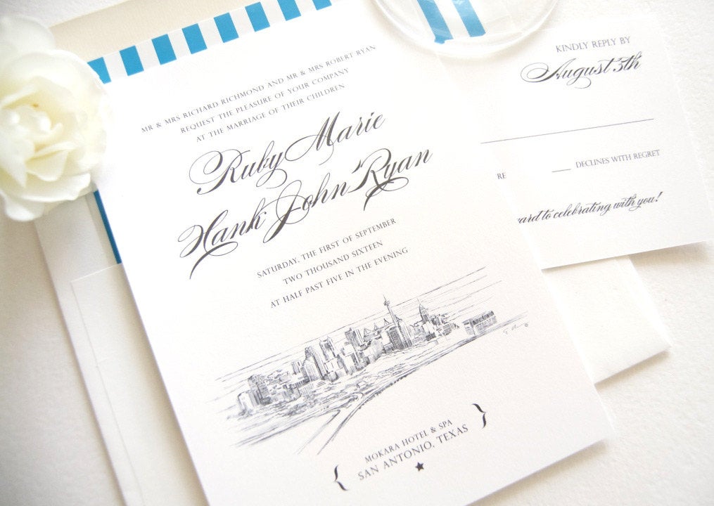 San Antonio Skyline Wedding Invitation Package (Sold in Sets of 10 Invitations, RSVP Cards + Envelopes)