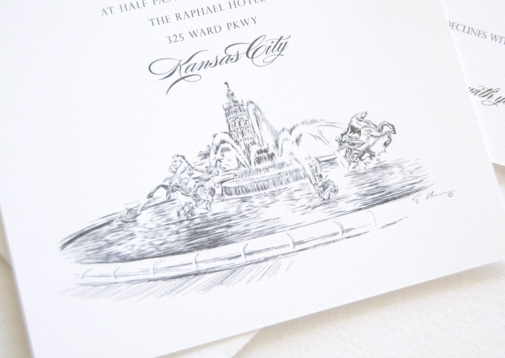 Kansas City Fountain Skyline Wedding Invitations Package (Sold in Sets of 10 Invitations, RSVP Cards + Envelopes)