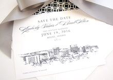 Load image into Gallery viewer, Boise, Idaho Skyline Watercolor &amp; Hand Drawn Save the Date Cards (set of 25 cards)
