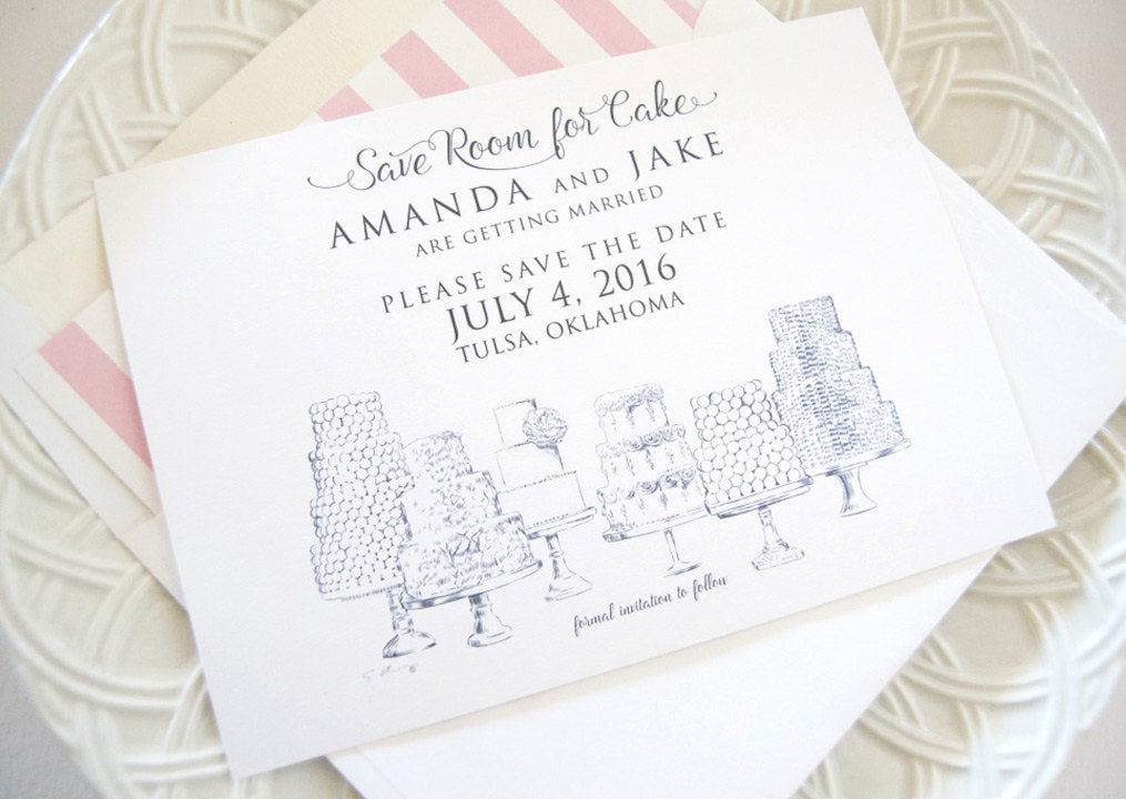 Save Room for Cake Hand Drawn Save the Date Cards (set of 25 cards and envelopes)