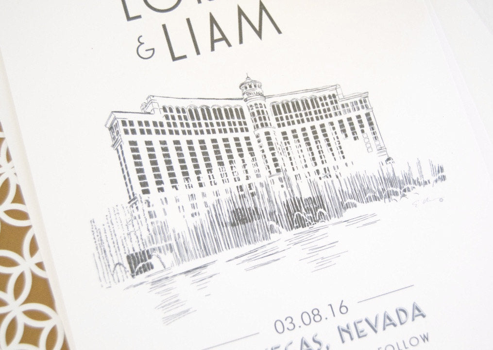 Las Vegas Bellagio Hotel Skyline Starry Night Hand Drawn Save the Date Cards (set of 25 cards)