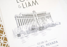Load image into Gallery viewer, Las Vegas Bellagio Hotel Skyline Starry Night Hand Drawn Save the Date Cards (set of 25 cards)
