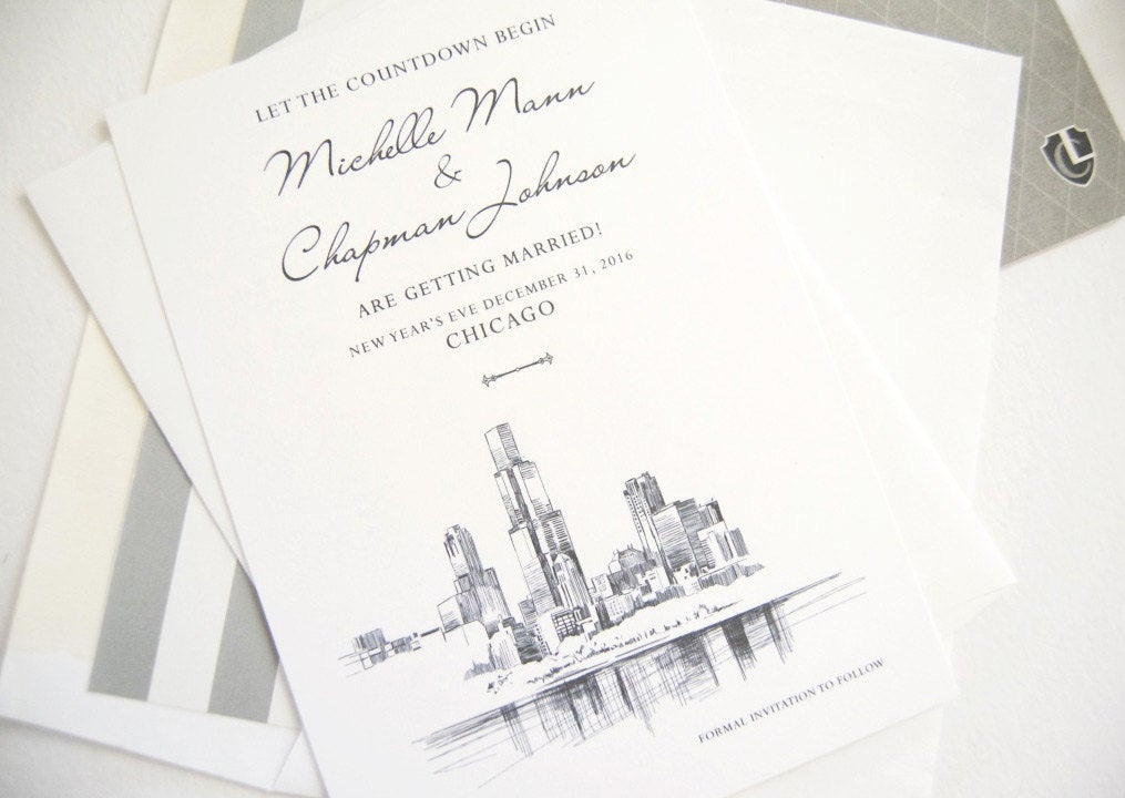 Chicago Skyline Save the Date Cards, Chicago Wedding Save the Dates (set of 25 cards)