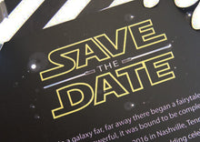 Load image into Gallery viewer, Star Wars Inspired, May the Force be with you, Lightsaber, The Force Awakens Wedding Save the Date Cards (set of 25 cards)
