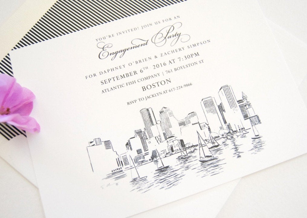 Boston Skyline Engagement Party Invitations, Boston Engagement Announcements You Design it! (set of 25 cards)