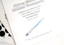 Load image into Gallery viewer, Star Wars Inspired Wedding Invitations, Lightsaber Invitations (Sold in Sets of 10 Invitations, RSVP Cards + Envelopes)
