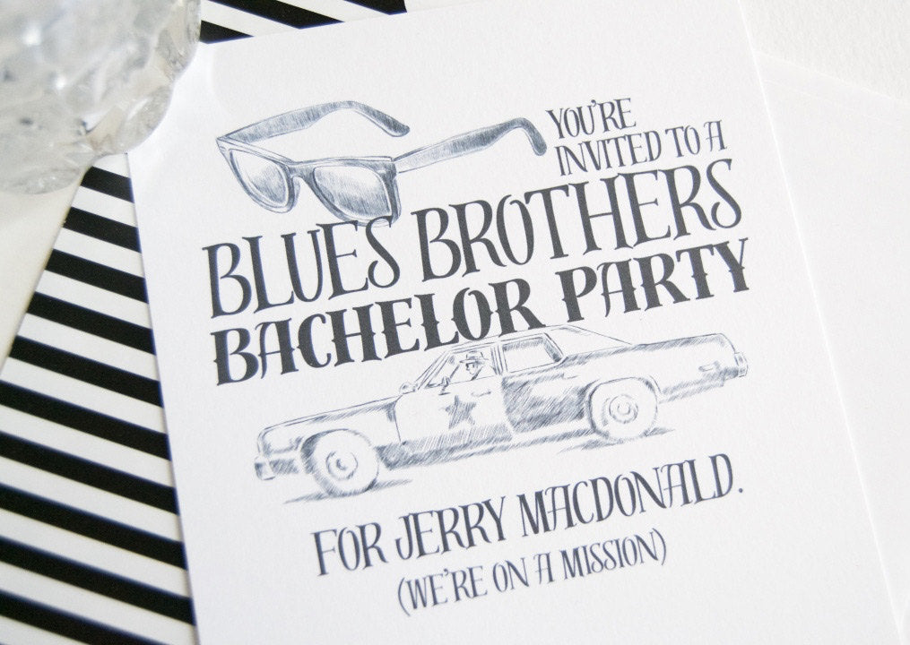 Bachelor Party Invitations Blues Brothers Inspired , Birthday Party (set of 25 cards and white envelopes)