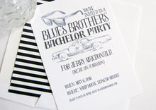 Load image into Gallery viewer, Bachelor Party Invitations Blues Brothers Inspired , Birthday Party (set of 25 cards and white envelopes)
