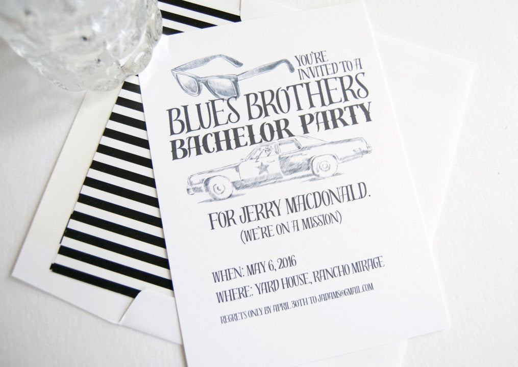 Bachelor Party Invitations Blues Brothers Inspired , Birthday Party (set of 25 cards and white envelopes)