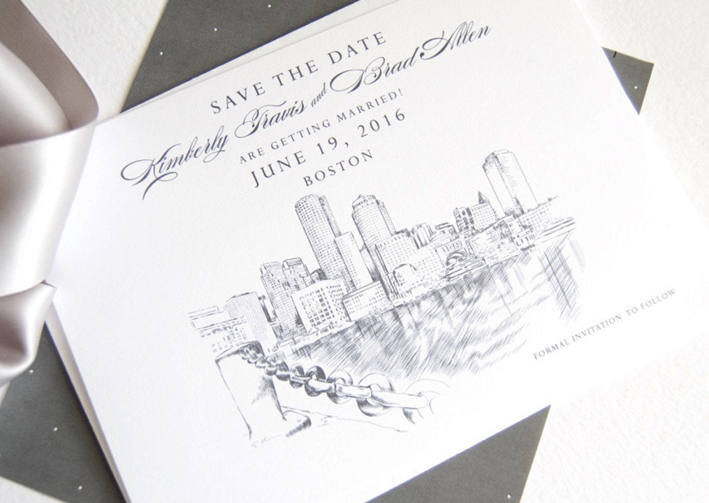 Boston Water View Skyline Hand Drawn Save the Date Cards (set of 25 cards)