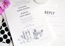 Load image into Gallery viewer, Los Angeles Skyline Hand Drawn Wedding Invitation, LA Wedding, Invite, Invitations  (Sold in Sets of 10 Invitations, RSVP Cards + Envelopes)
