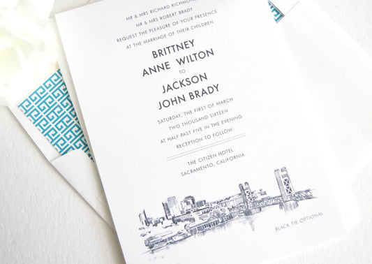 Sacramento Skyline Wedding Invitation, Sacramento Wedding, Sacramento Invite,  (Sold in Sets of 10 Invitations, RSVP Cards + Envelopes)