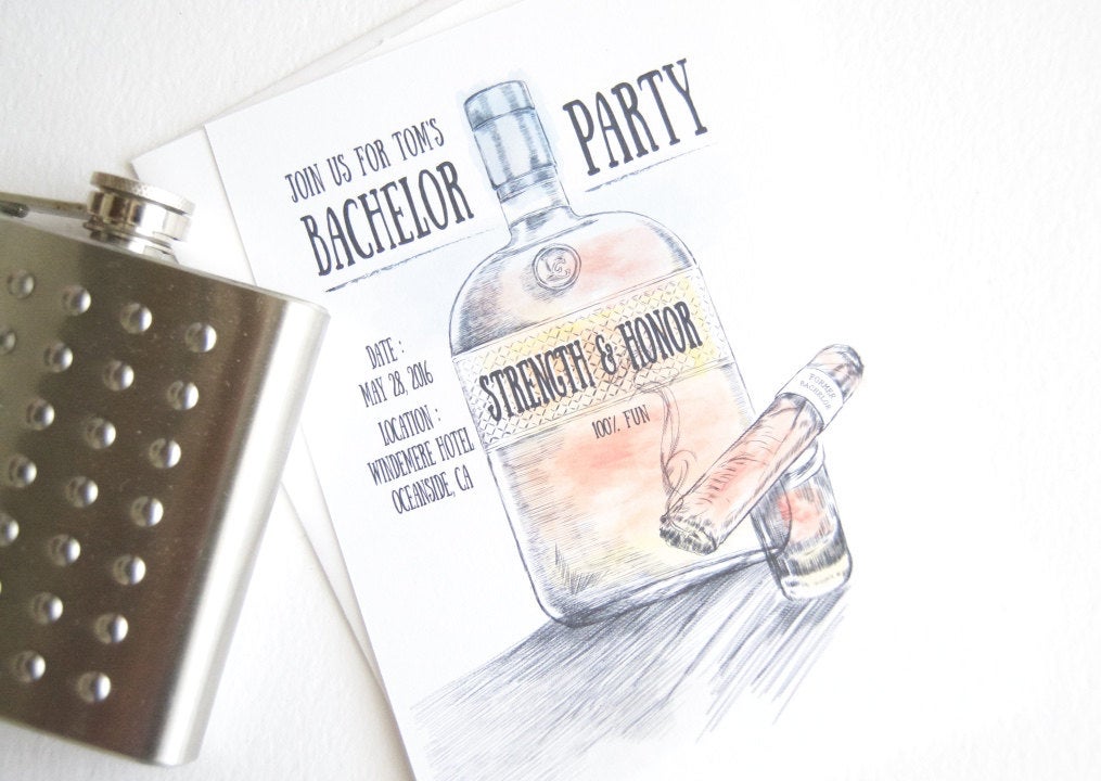 Bachelor Party Invitations Bourbon and Cigar Watercolor , Birthday Party (set of 25 cards and white envelopes)