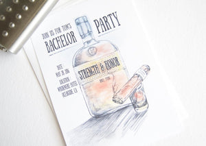 Bachelor Party Invitations Bourbon and Cigar Watercolor , Birthday Party (set of 25 cards and white envelopes)