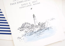 Load image into Gallery viewer, Portland Head Light Skyline Hand Drawn Save the Date Cards (set of 25 cards)
