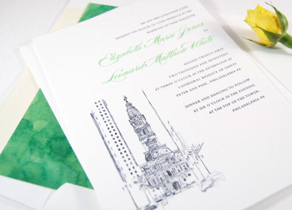 Philadelphia City Hall Skyline Wedding Invitation, Philadelphia Wedding Invitations (Sold in Sets of 10 Invitations, RSVP Cards + Envelopes)