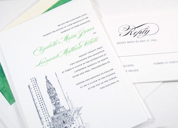 Philadelphia City Hall Skyline Wedding Invitation, Philadelphia Wedding Invitations (Sold in Sets of 10 Invitations, RSVP Cards + Envelopes)