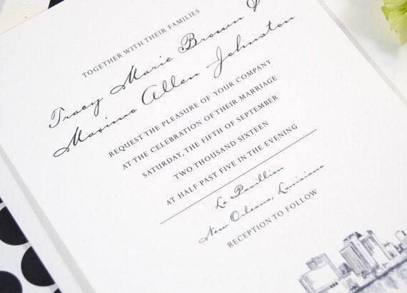 New Orleans Skyline Hand Drawn Wedding Invitations Package (Sold in Sets of 10 Invitations, RSVP Cards + Envelopes)