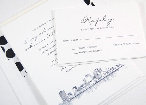 New Orleans Skyline Hand Drawn Wedding Invitations Package (Sold in Sets of 10 Invitations, RSVP Cards + Envelopes)