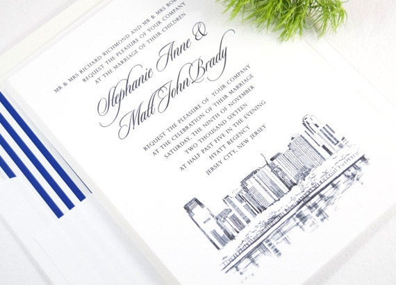 Jersey City Skyline Wedding Invitations Package (Sold in Sets of 10 Invitations, RSVP Cards + Envelopes)