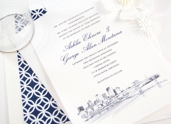 Little Rock, Arkansas Skyline Wedding Invitations Package (Sold in Sets of 10 Invitations, RSVP Cards + Envelopes)