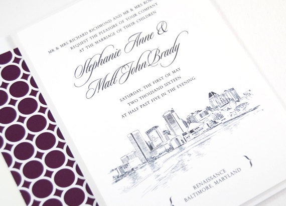 Baltimore Skyline Wedding Invitation, Baltimore Wedding, Invite (Sold in Sets of 10 Invitations, RSVP Cards + Envelopes)