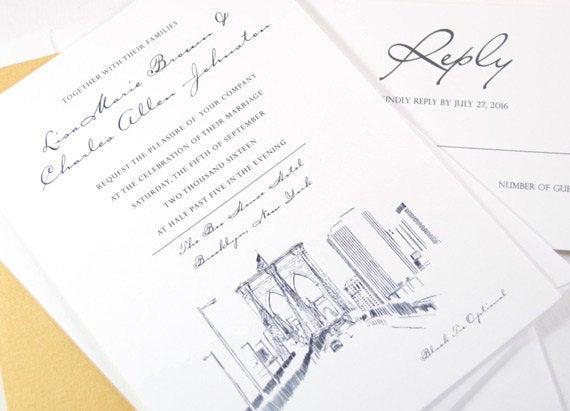 Brooklyn, New York Skyline Wedding Invitation, Brooklyn Wedding, Brooklyn Bridge, Invite (Sold in Sets of 10 Invitations +Envelopes)