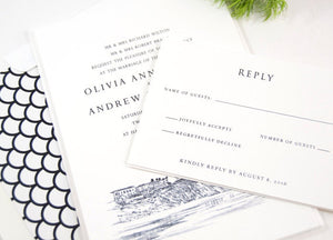 Laguna Beach Skyline Hand Drawn Wedding Invitations Package (Sold in Sets of 10 Invitations, RSVP Cards + Envelopes)