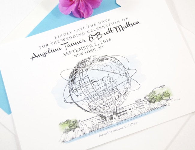 Queens Museum,  New York, Unisphere, Worlds Fair Drawn Save the Date Cards (set of 25 cards)