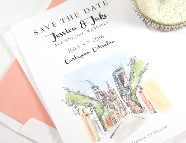 Cartagena, Colombia Skyline Save the Date Cards Hand Drawn (set of 25 cards)