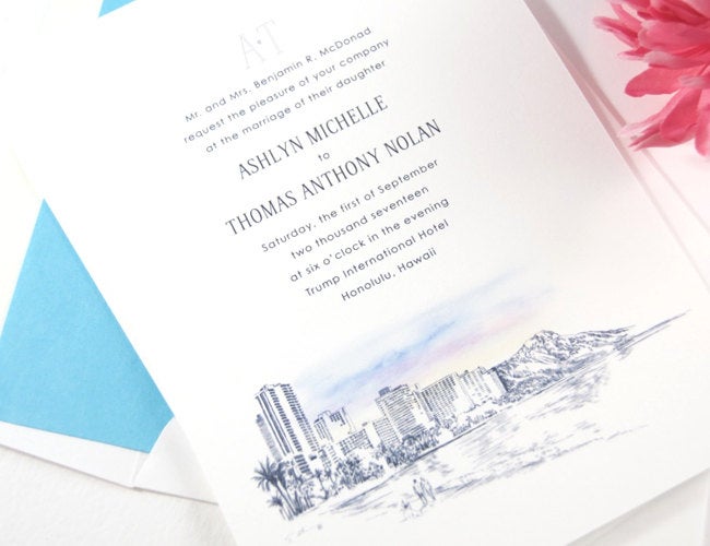 Hawaii Skyline Destination Wedding Invitations Package (Sold in Sets of 10 Invitations, RSVP Cards + Envelopes)