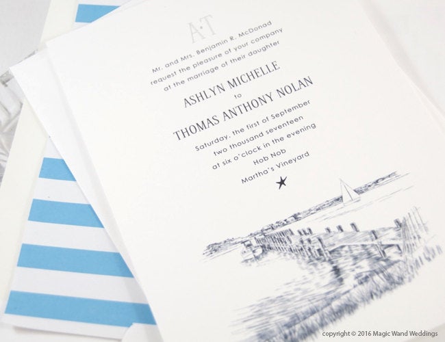 Martha's Vineyard Skyline Destination Wedding Invitations Package (Sold in Sets of 10 Invitations, RSVP Cards + Envelopes)