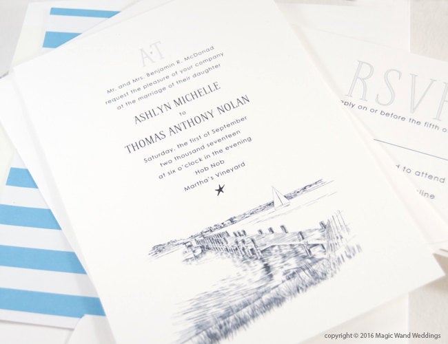 Martha's Vineyard Skyline Destination Wedding Invitations Package (Sold in Sets of 10 Invitations, RSVP Cards + Envelopes)