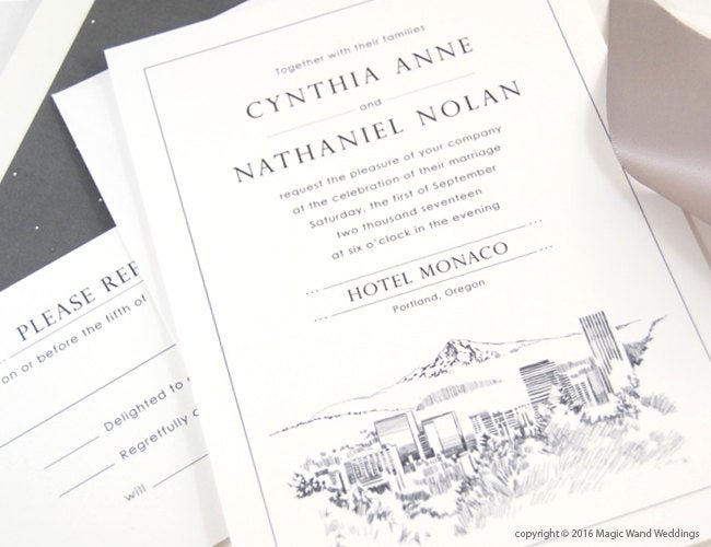 Portland Skyline Wedding Invitation, Oregon Wedding, Invite (Sold in Sets of 10 Invitations, RSVP Cards + Envelopes)