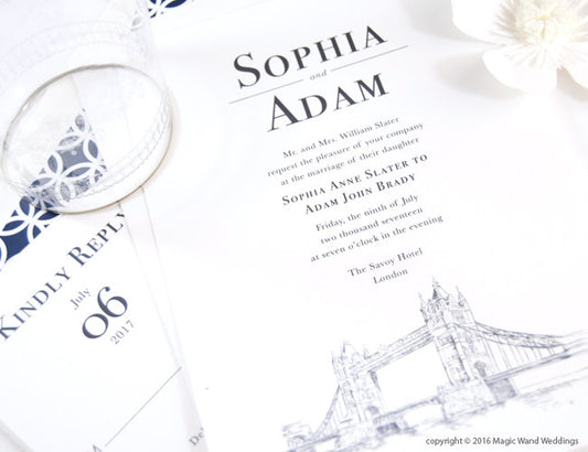 London Skyline Destination Wedding Invitations Package (Sold in Sets of 10 Invitations, RSVP Cards + Envelopes)