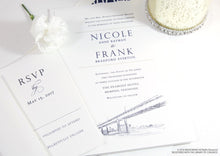 Load image into Gallery viewer, Memphis Bridge Skyline Wedding Invitations Package (Sold in Sets of 10 Invitations, RSVP Cards + Envelopes)
