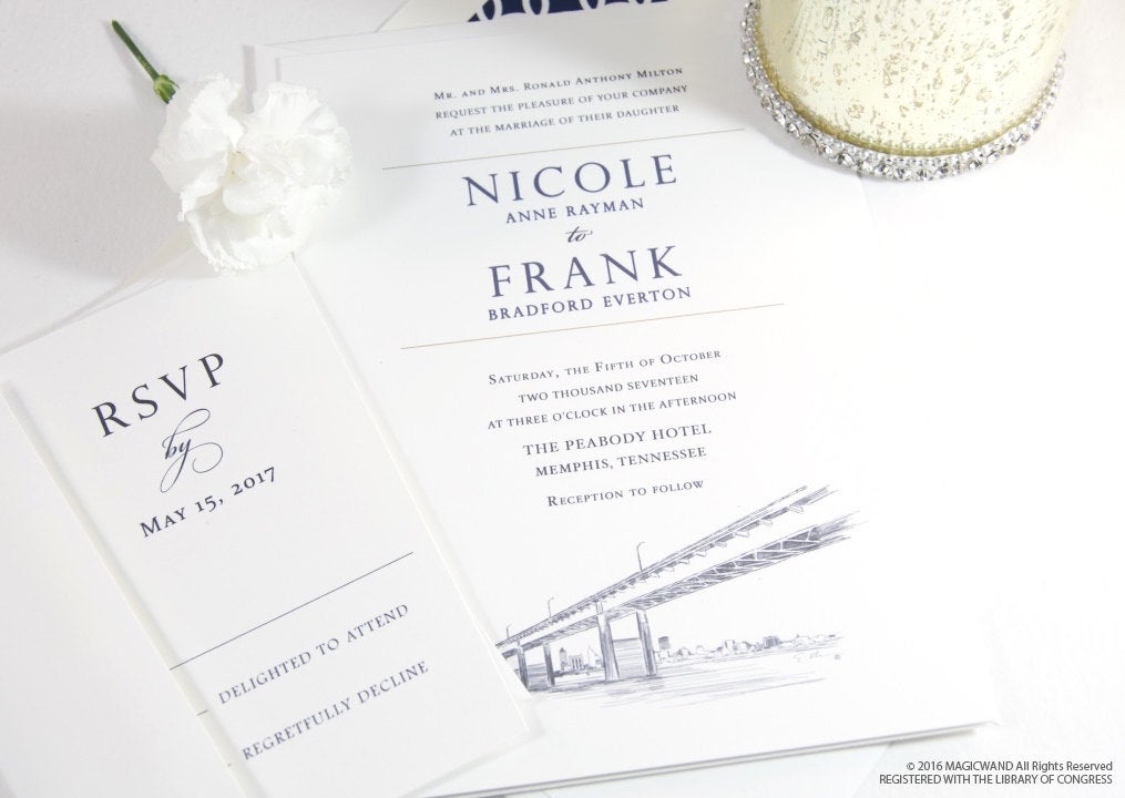Memphis Bridge Skyline Wedding Invitations Package (Sold in Sets of 10 Invitations, RSVP Cards + Envelopes)