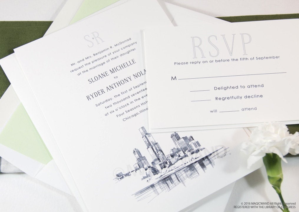 Chicago Skyline Wedding Invitations Package (Sold in Sets of 10 Invitations, RSVP Cards + Envelopes)