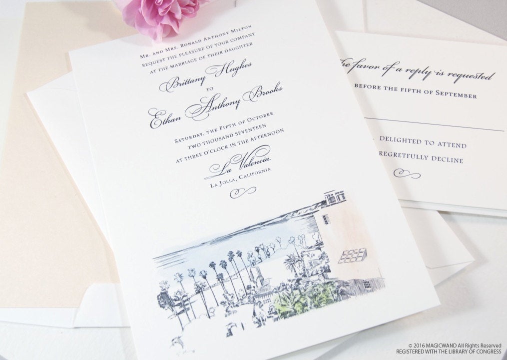 La Jolla Skyline Hand Drawn Wedding Invitations Package (Sold in Sets of 10 Invitations, RSVP Cards + Envelopes)