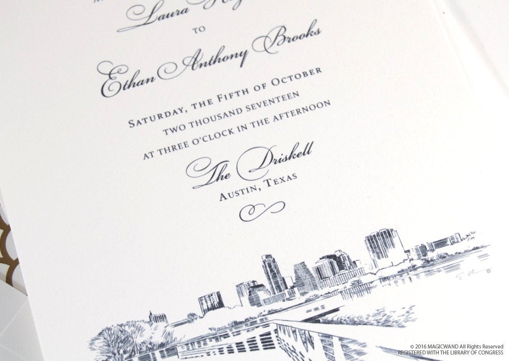 Austin Skyline Wedding Invitations Package (Sold in Sets of 10 Invitations, RSVP Cards + Envelopes)