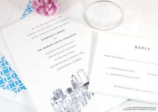 Jacksonville, Florida Skyline Wedding Invitation Package (Sold in Sets of 10 Invitations, RSVP Cards + Envelopes)