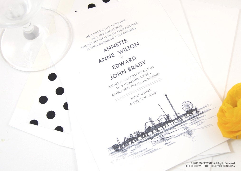 Galveston, Texas Skyline Wedding Invitations Package (Sold in Sets of 10 Invitations, RSVP Cards + Envelopes)