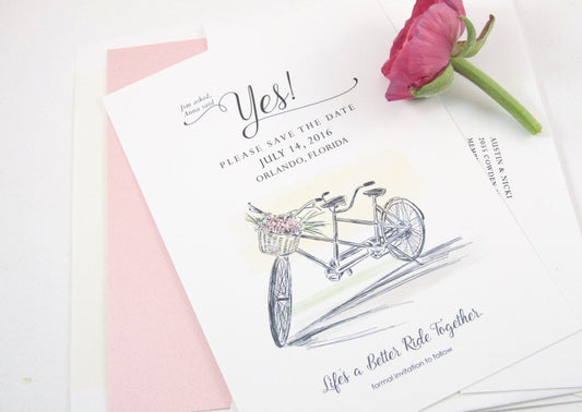 Rustic Weddings Save the Date Cards, Bicycle Built for Two with flowers, bike for 2 Hand Drawn  (set of 25 cards and envelopes)